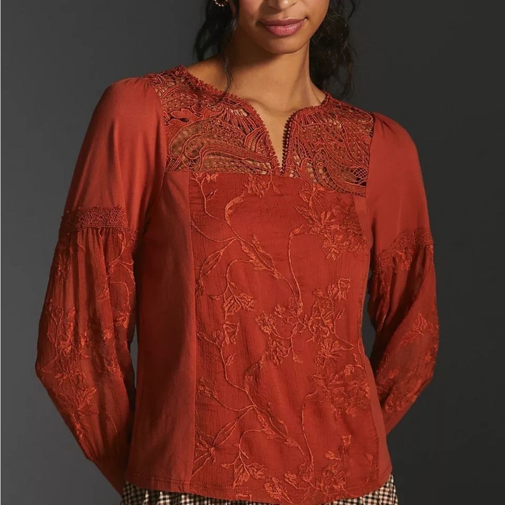 Anthropologie Tiny Noah Embroidered Blouse Floral Rust Sheer Lace Sleeves